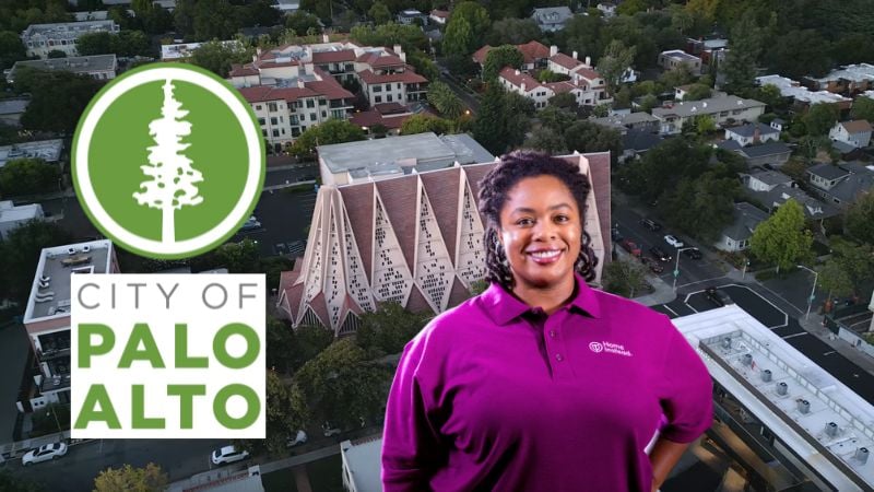 Home Instead caregiver with Palo Alto California in the background