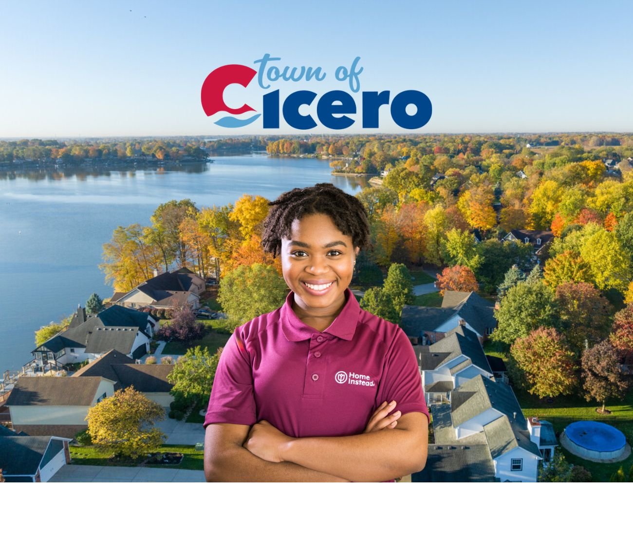 Home Instead caregiver with Cicero, Indiana in the background