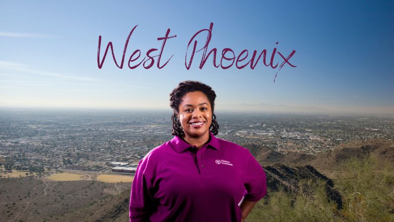 Home Instead caregiver with West Phoenix, Arizona in the background