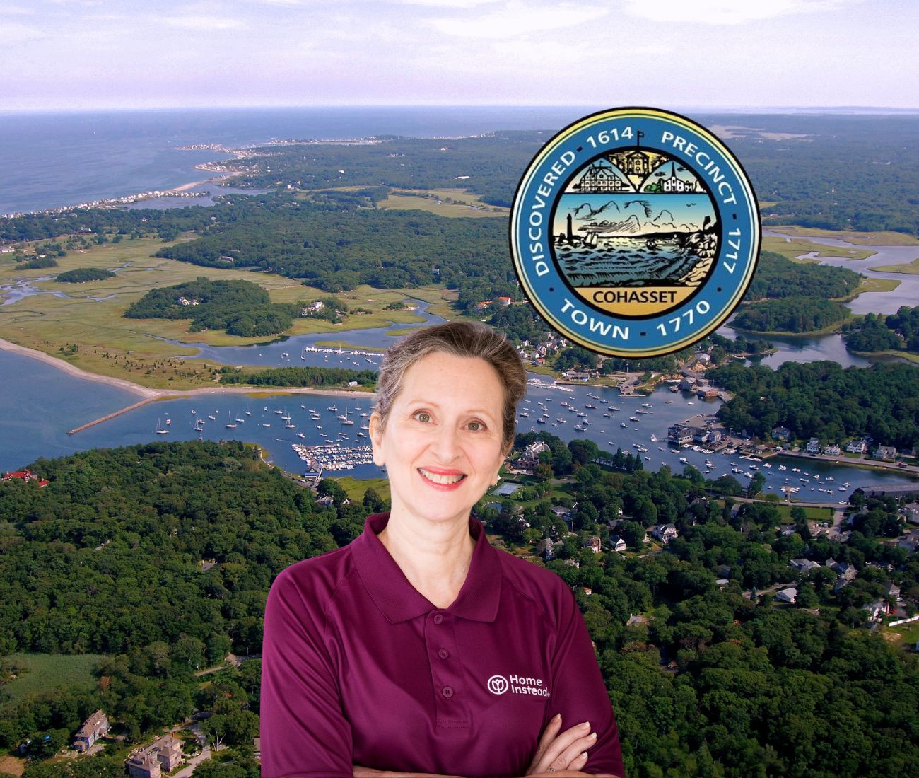 Home Instead caregiver with Cohasset Massachusetts in the background