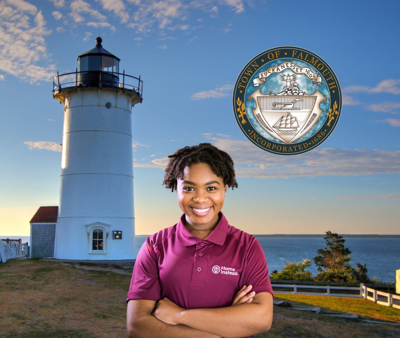 Home Instead caregiver with Falmouth, MA in the background