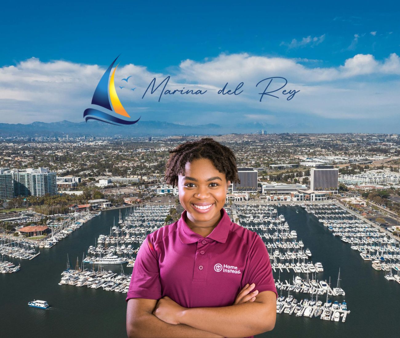 Home Instead caregiver with Marina Del Rey CA in the background