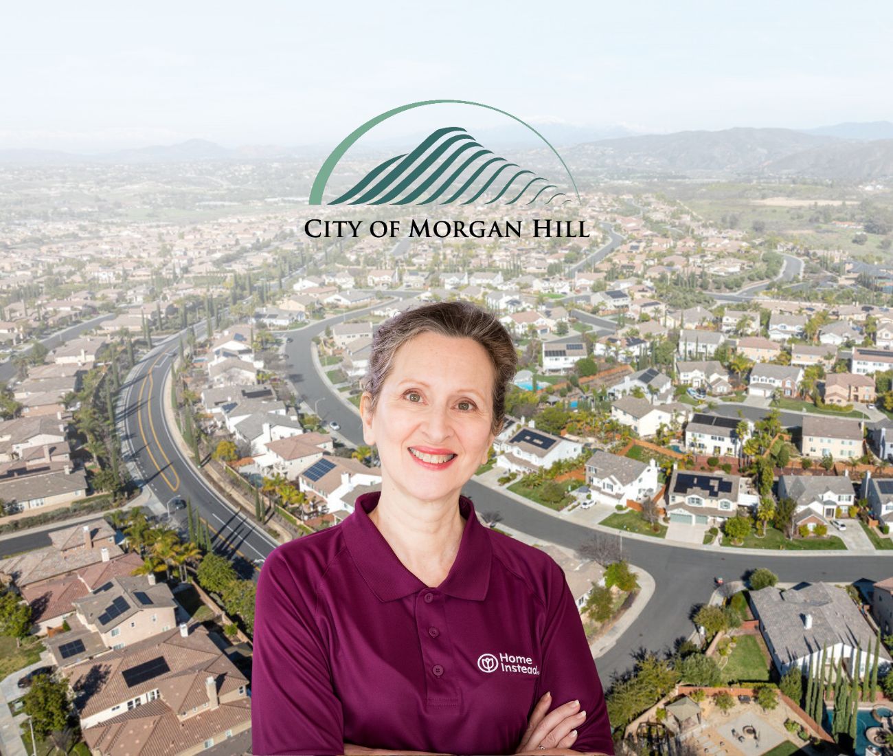 Home Instead caregiver standing in front of Morgan Hill, CA