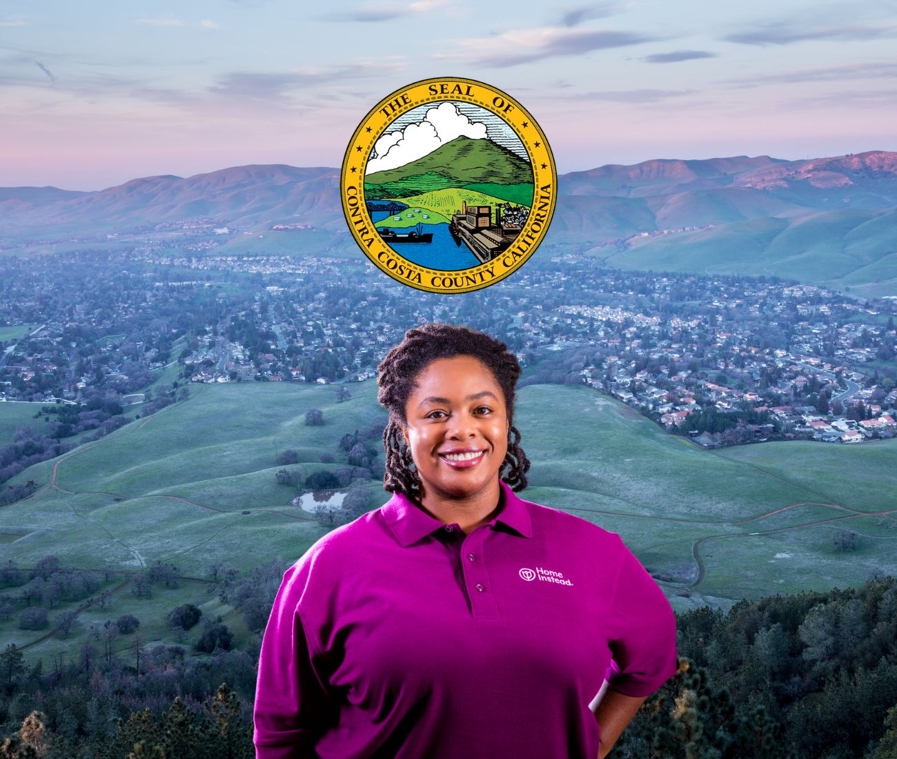 Home Instead caregiver with Contra Costa County, CA in the background