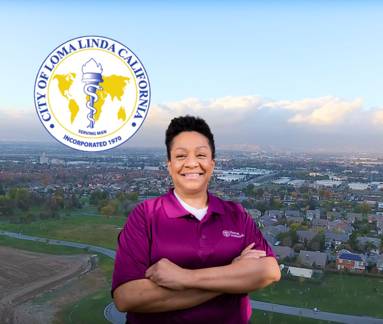 Home Instead caregiver with Loma Linda, California in the background