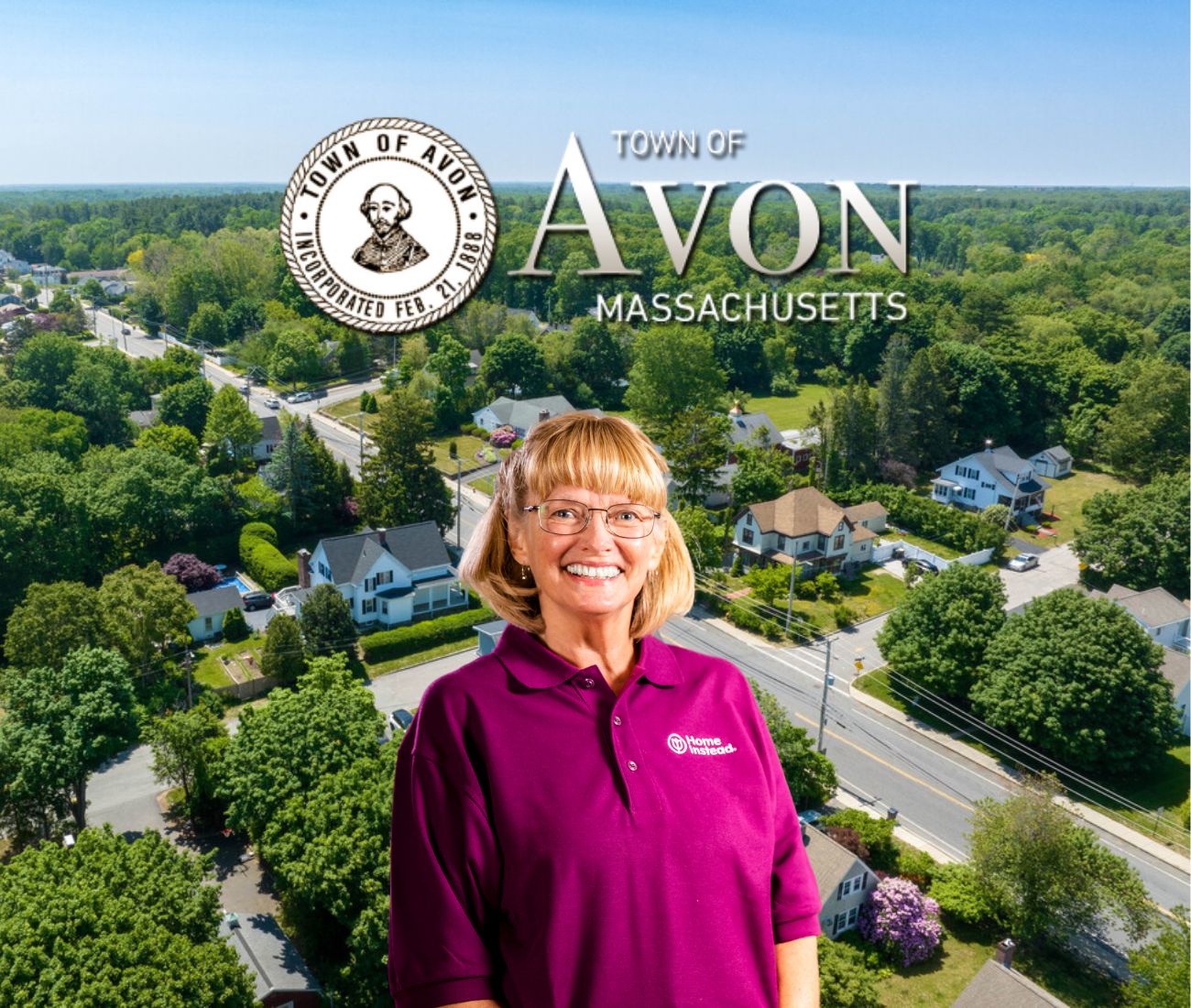 Home Instead caregiver with Avon Massachusetts in the background