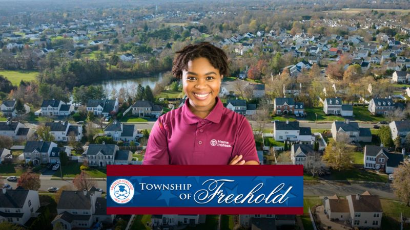 Home Instead caregiver with Freehold New Jersey in the background