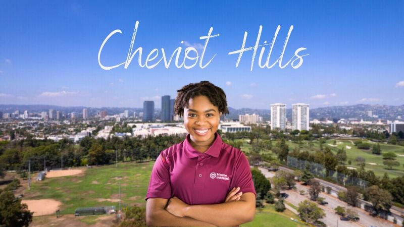 Home Instead caregiver with Cheviot Hills, California in the background