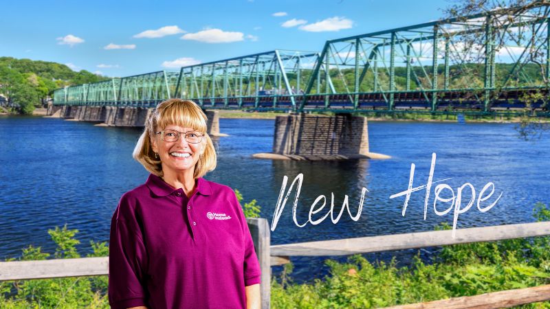 Home Instead caregiver with New Hope, PA in the background