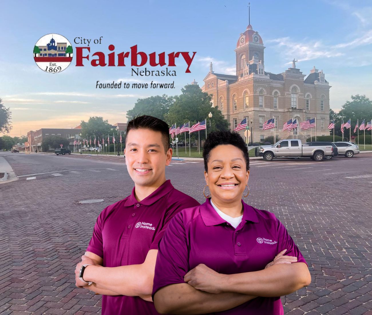 Home Instead caregivers with Fairbury Nebraska in the background