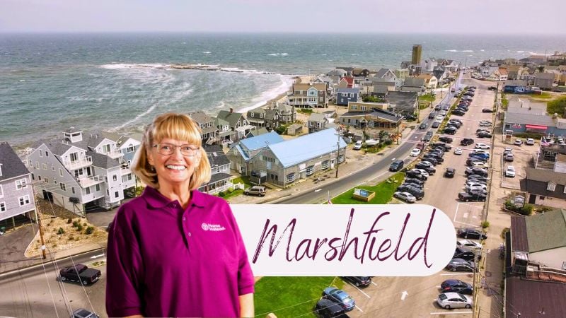 Home Instead caregiver with Marshfield Massachusetts in the background