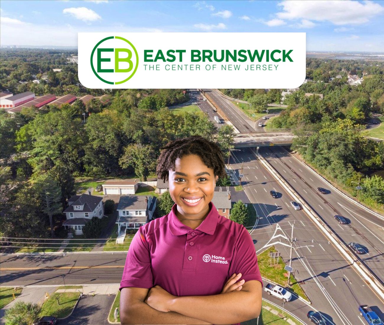 Home Instead caregiver with East Brunswick, New Jersey in the background