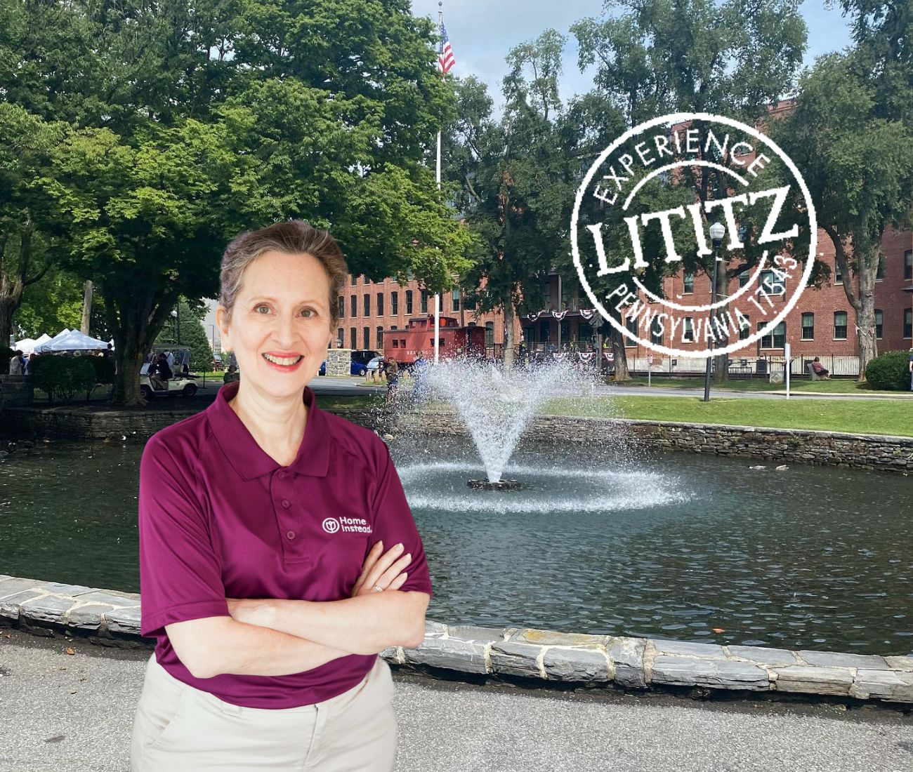 Home Instead caregiver with Lititz Pennsylvania in the background