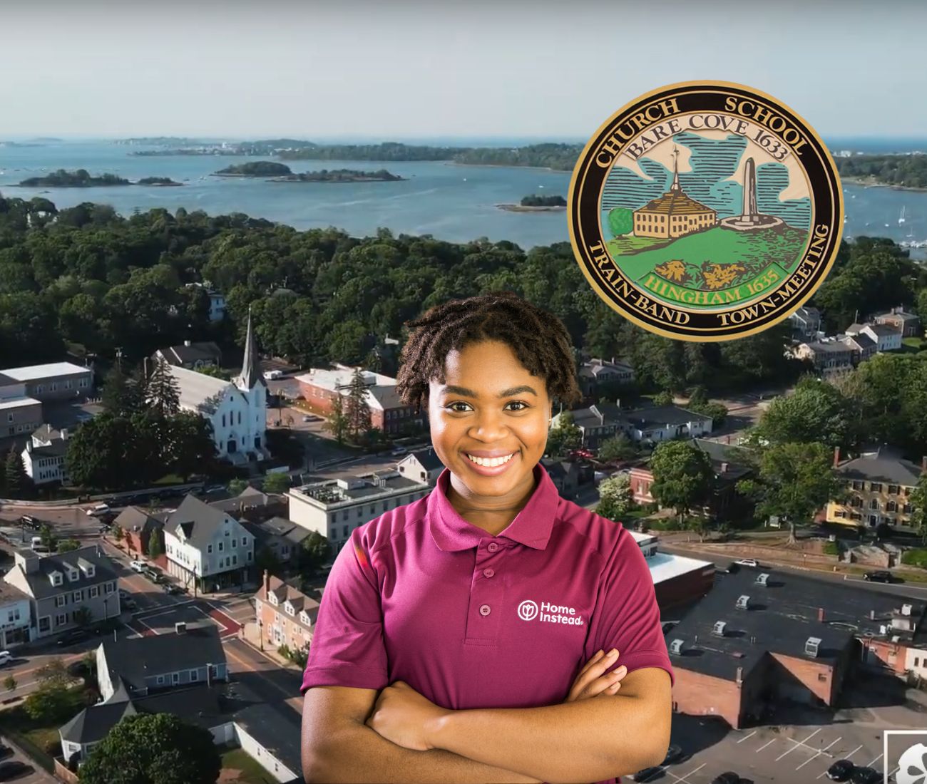 Home Instead caregiver with Hingham Massachusetts in the background