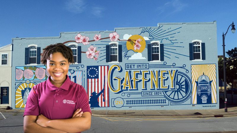 Home Instead caregiver with Gaffney South Carolina in the background