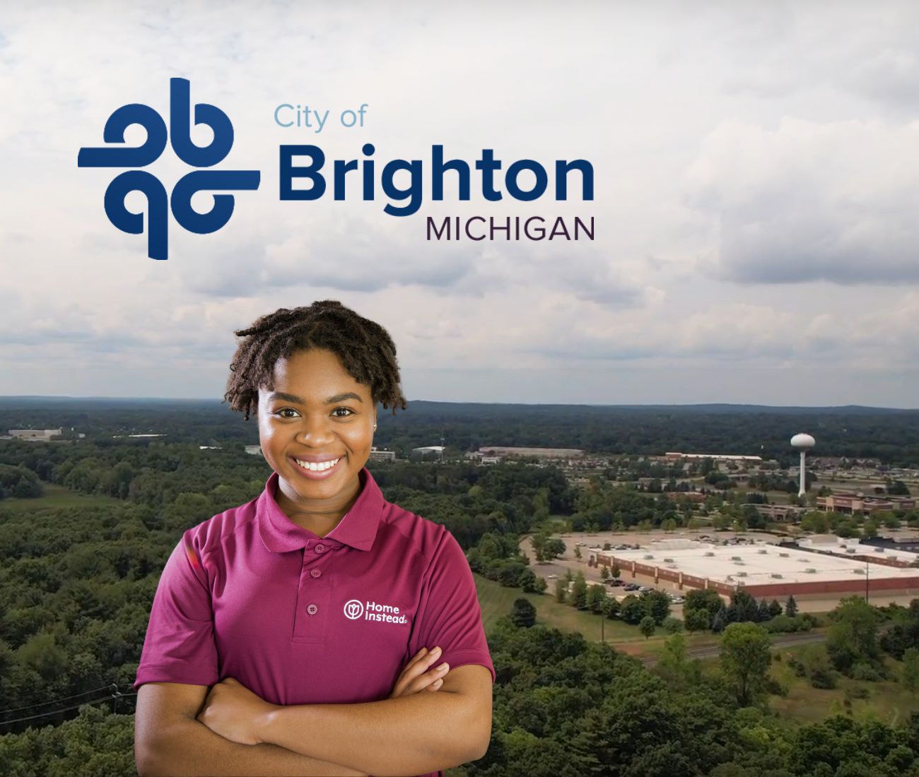 Home Instead caregiver with Brighton, Michigan in the background