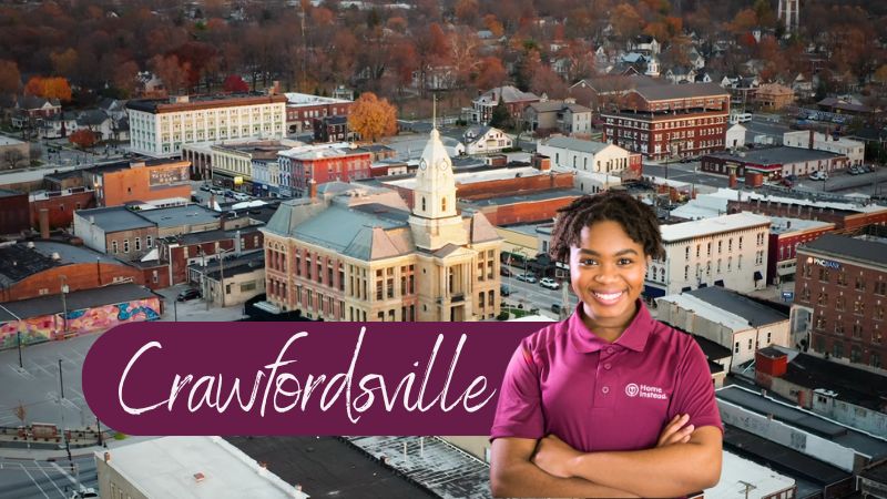 Home Instead caregiver with Crawfordsville Indiana in the background