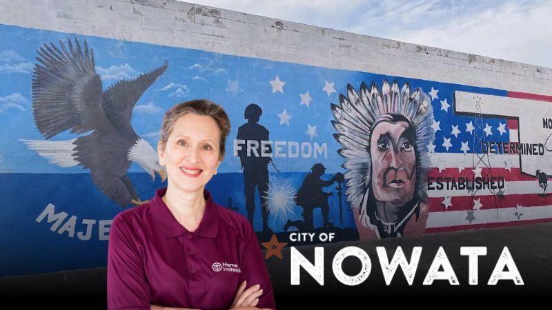 Home Instead caregiver with Nowata Oklahoma in the background