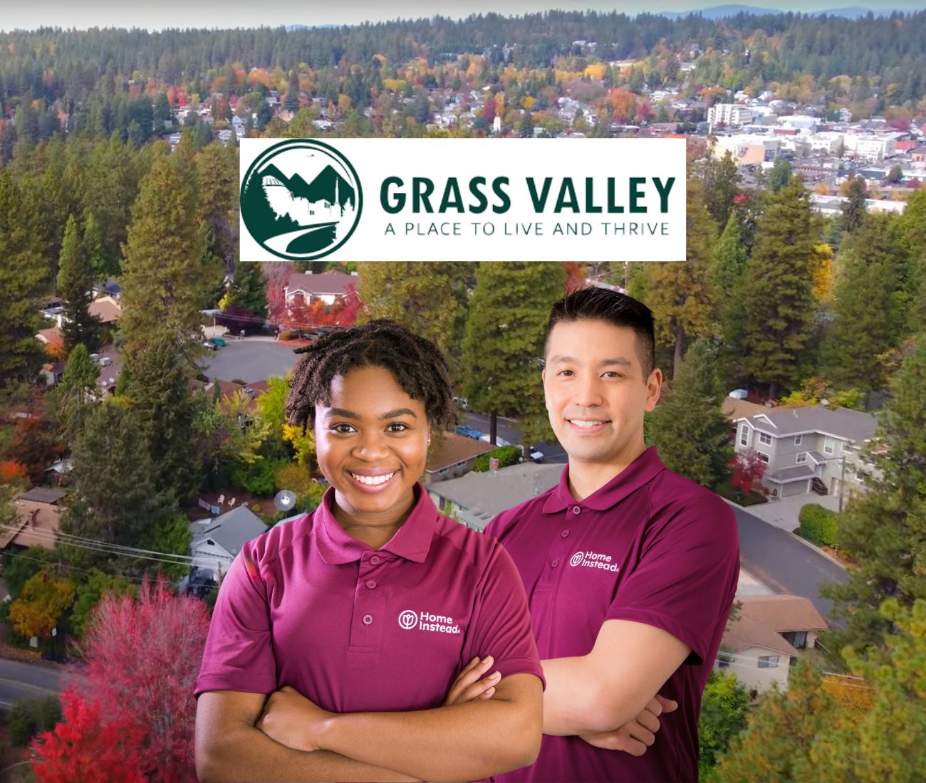 Home Instead caregiver with Grass Valley California in the background