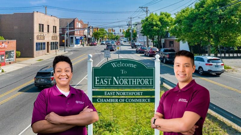 Home Instead caregiver with East Northport New York in the background