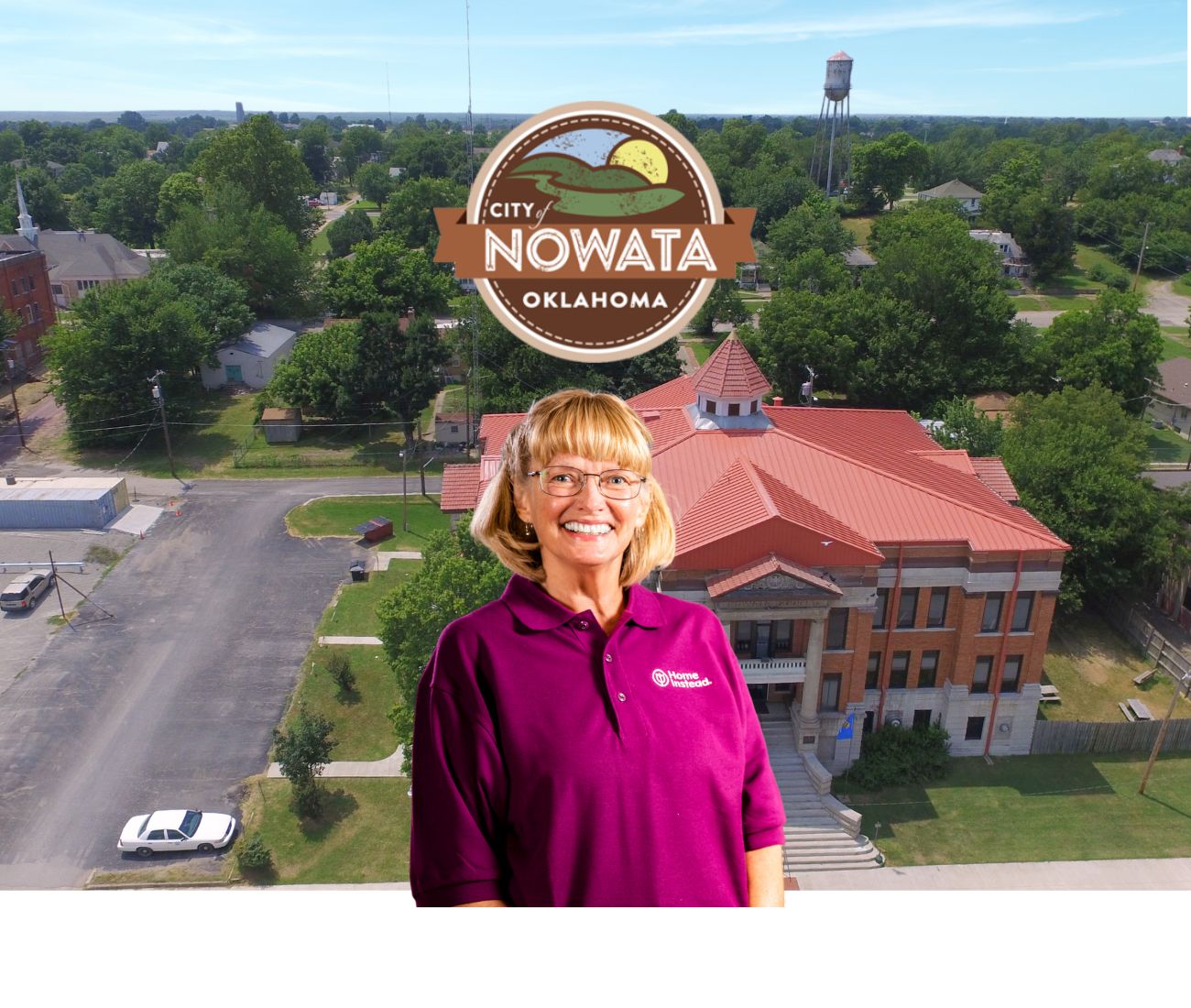 Home Instead caregiver with Nowata Oklahoma in the background