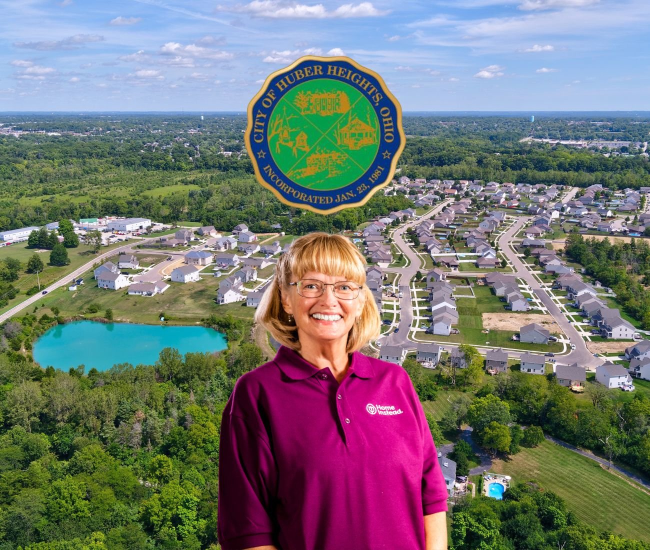 Home Instead caregiver with Huber Heights Ohio in the background