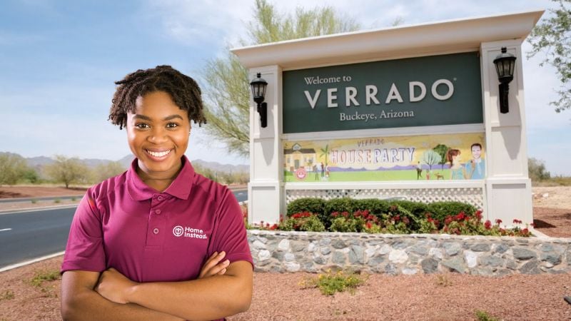 Home Instead caregiver with Verrado, Arizona in the background