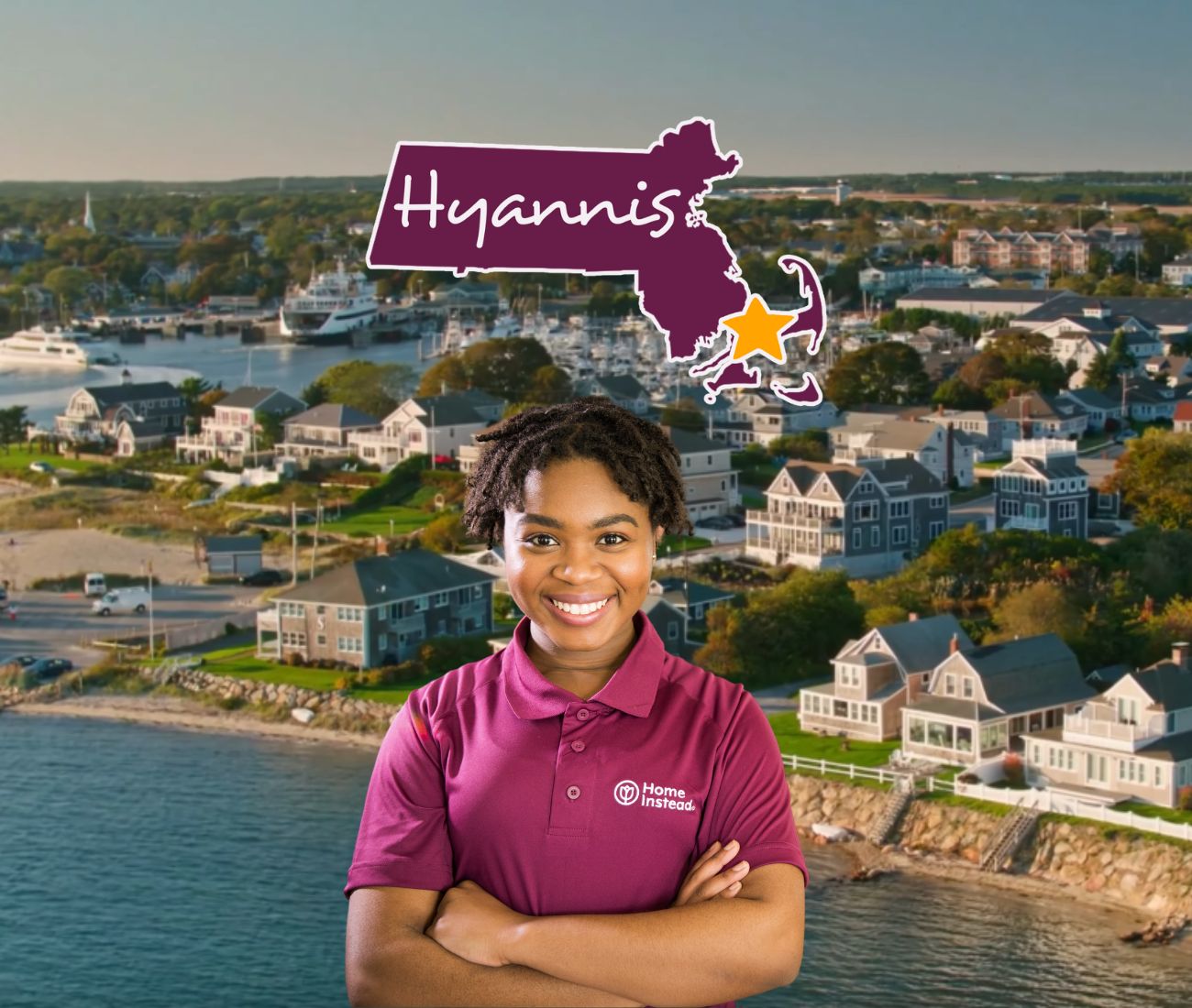 Home Instead caregiver with Hyannis, MA in the background