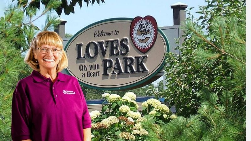 Home Instead caregiver with Loves Park, Illinois in the background