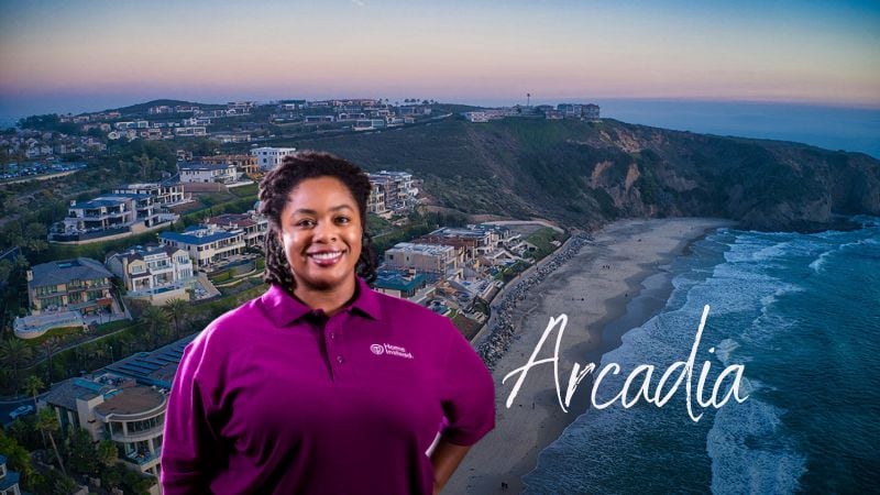 Home Instead caregiver with Arcadia, CA in the background