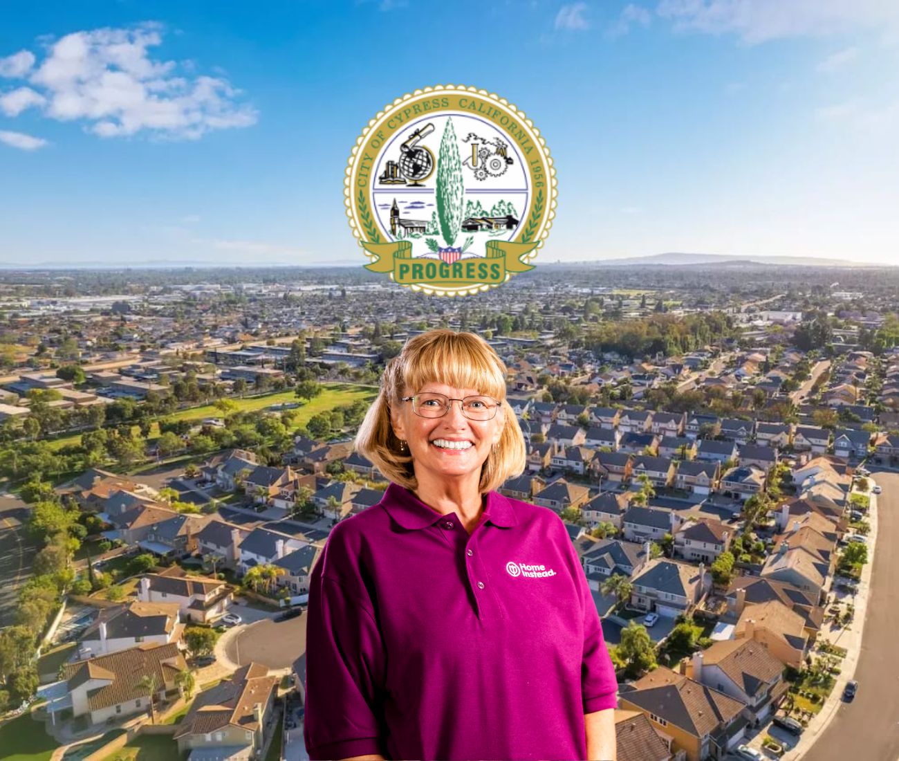 Home Instead caregiver with Cypress California in the background