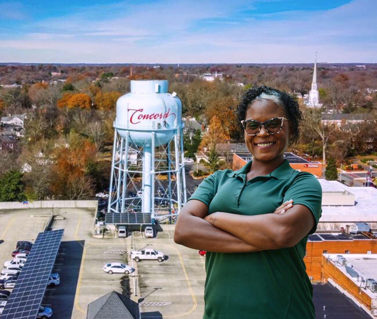 Home Instead caregiver with Concord North Carolina in the background