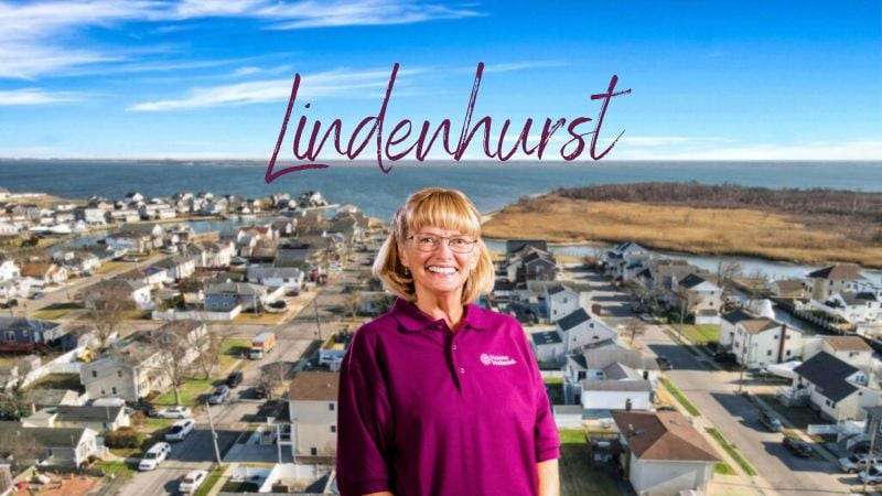 Home Instead caregiver with Lindenhurst New York in the background