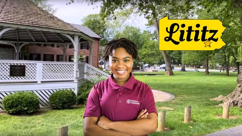 Home Instead caregiver with Lititz Pennsylvania in the background