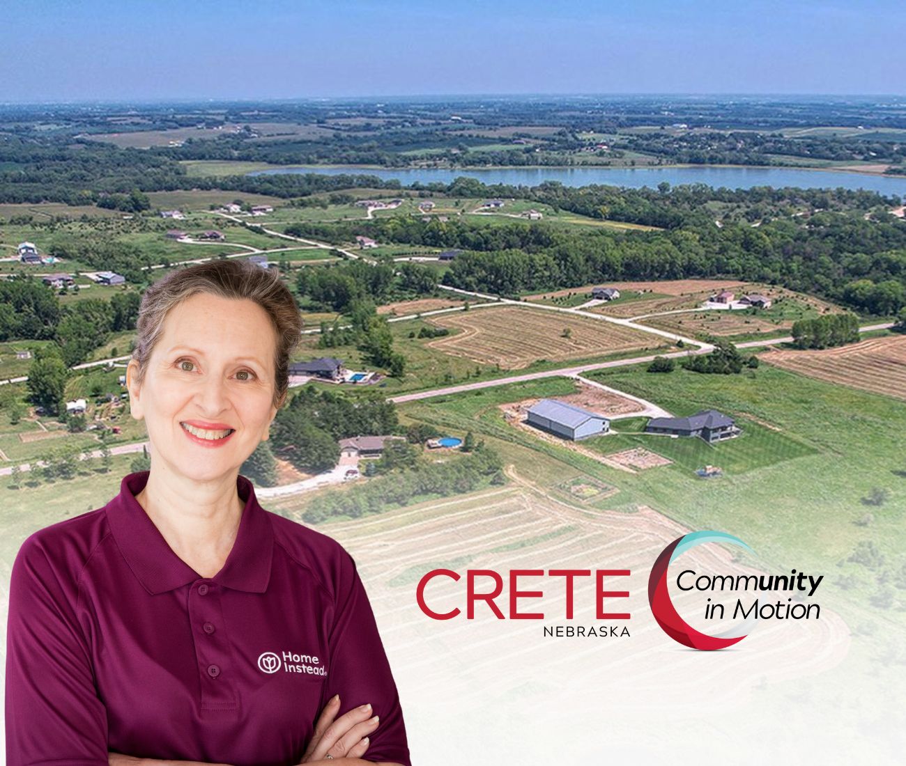 Home Instead caregiver with Crete Nebraska in the background