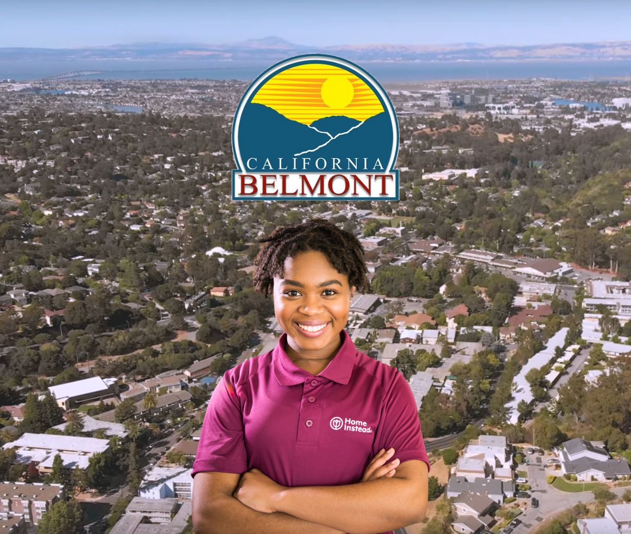 Home Instead caregiver with Belmont, California in the background