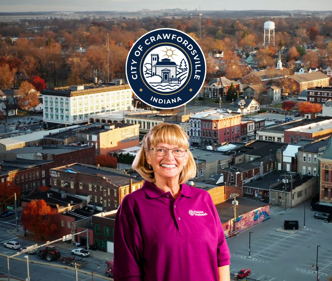 Home Instead caregiver with Crawfordsville, Indiana in the background