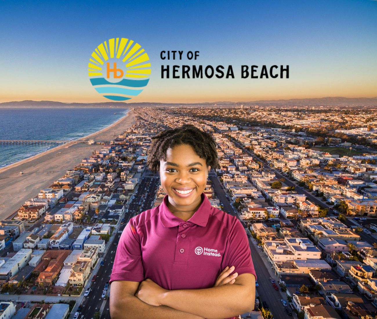 Home Instead caregiver with Hermosa Beach California in the background