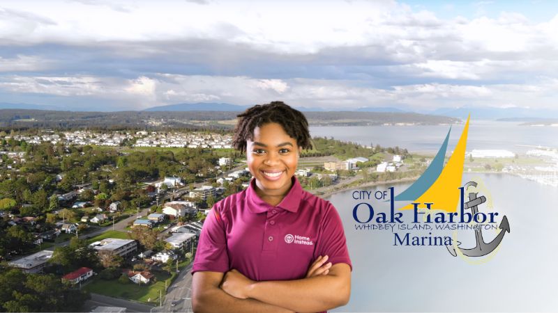 Home Instead caregiver with Oak Harbor, WA in the background