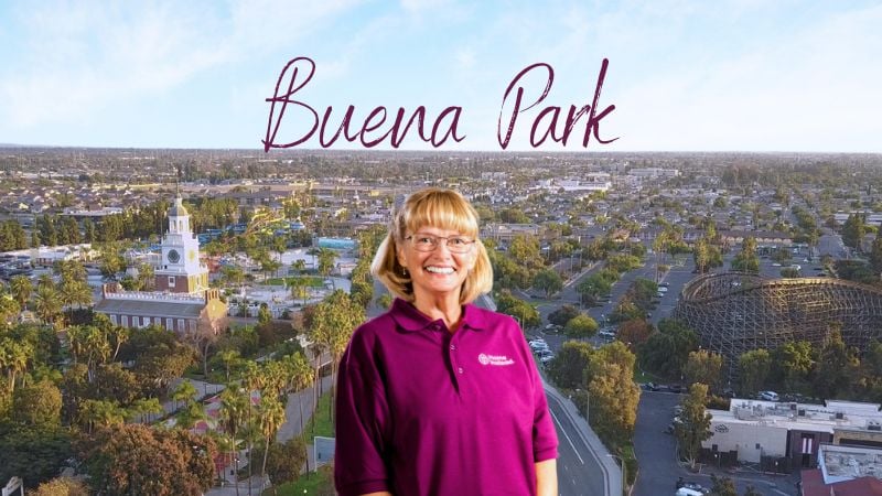 Home Instead caregiver with Buena Park, California in the background