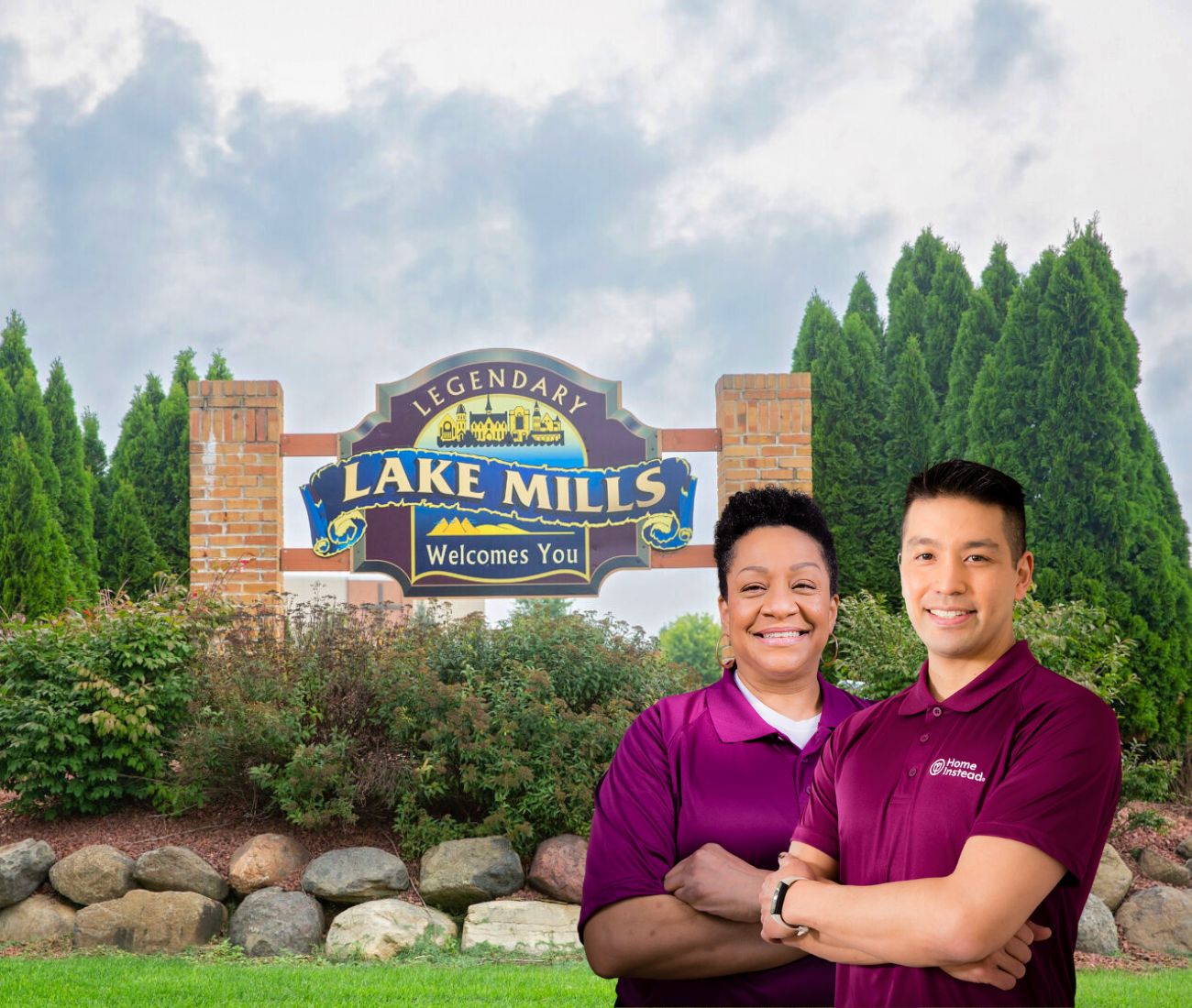 Home Instead caregivers with Lake Mills, Wisconsin in the background