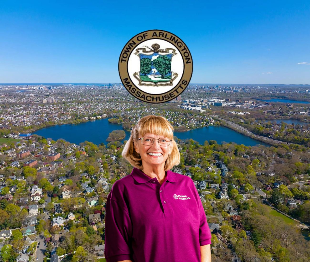 Home Instead caregiver with Arlington Massachusetts in the background