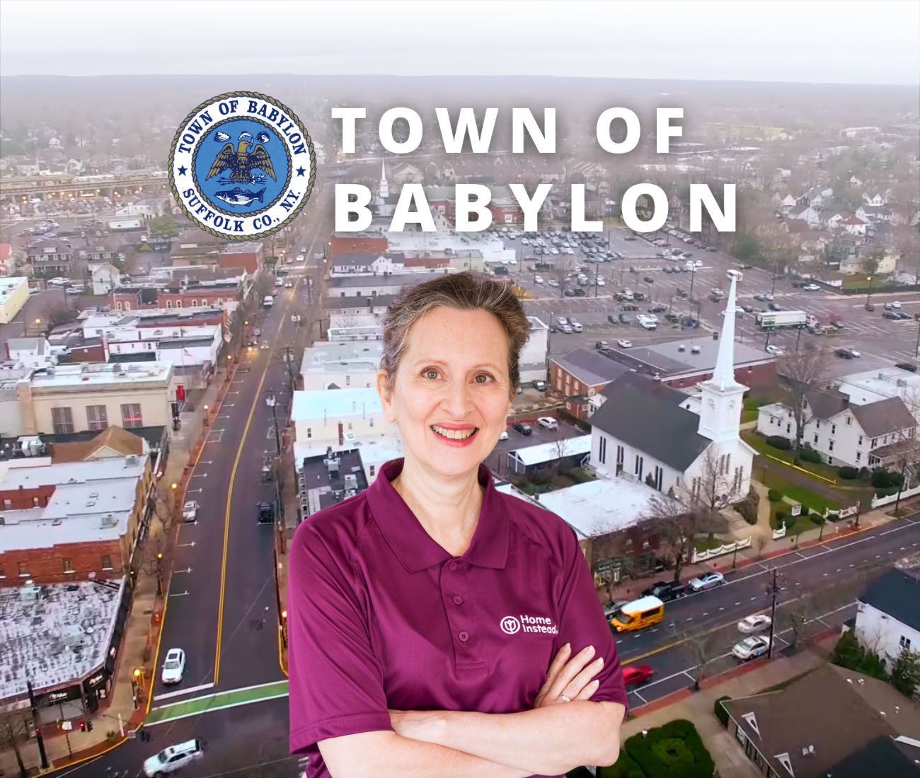 Home Instead caregiver with Babylon Township New York in the background