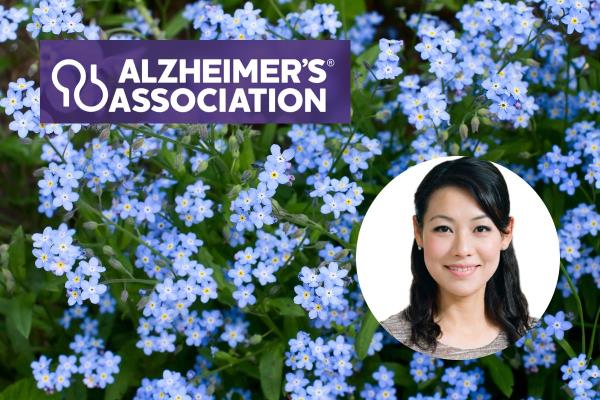 field of forget-me-not flowers with headshot of Home Instead owner shannon chan at alzheimers association logo