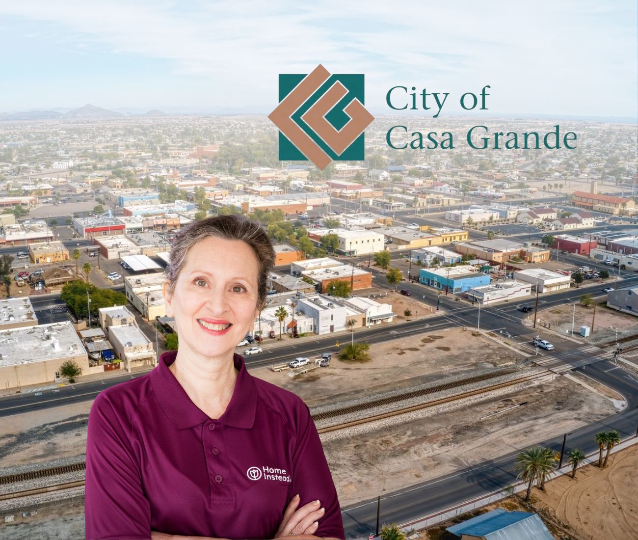 Home Instead caregiver with Casa Grande Arizona in the background