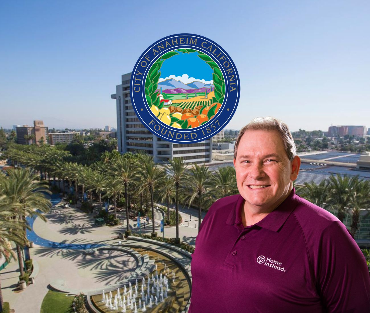 Home Instead caregiver with Anaheim, California in the background