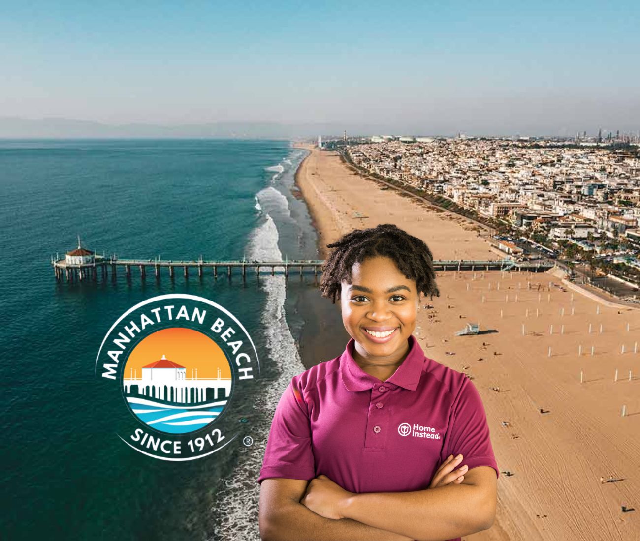 Home Instead caregiver with Manhattan Beach, California in the background