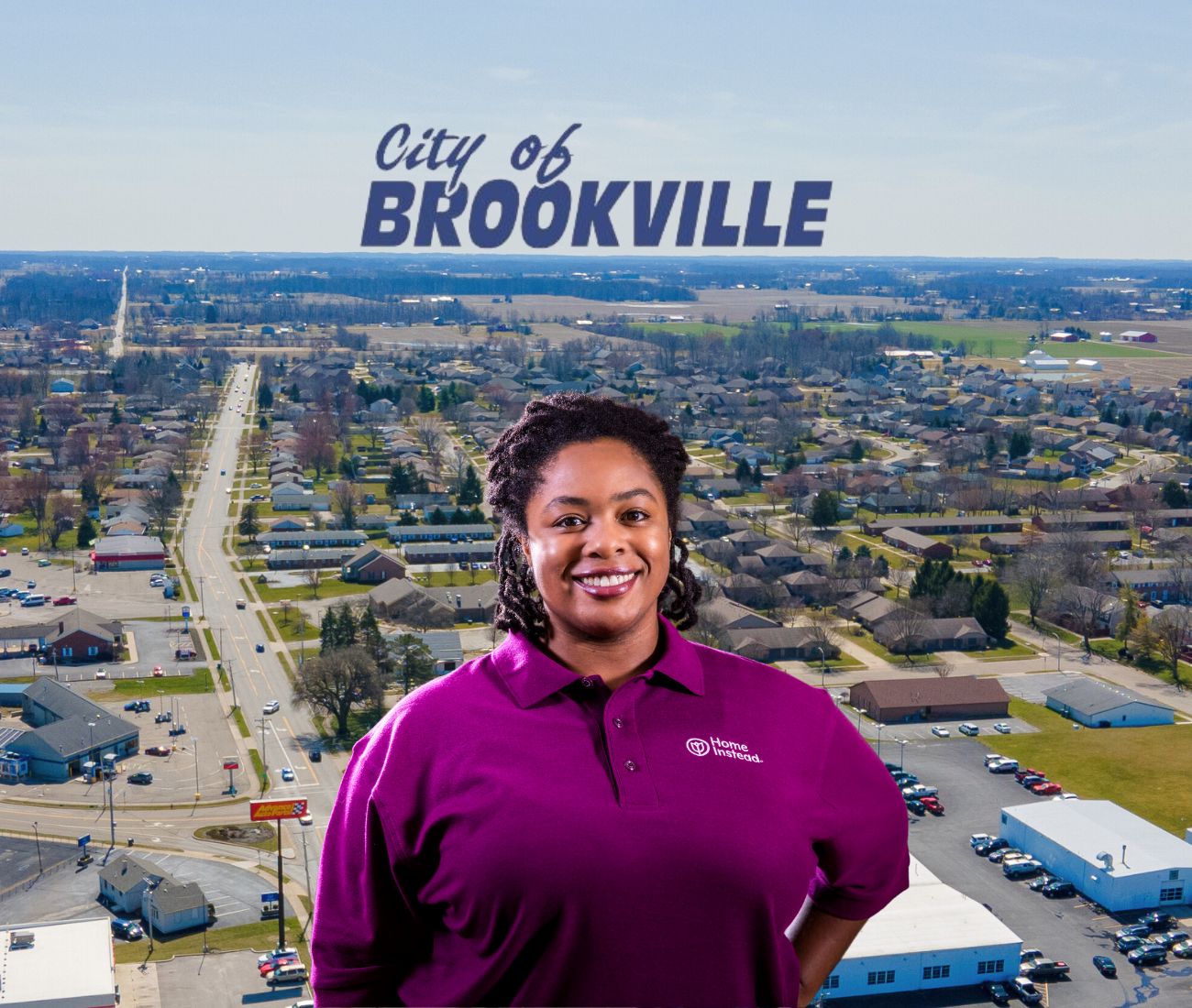 Home Instead caregiver with Brookville, OH in the background