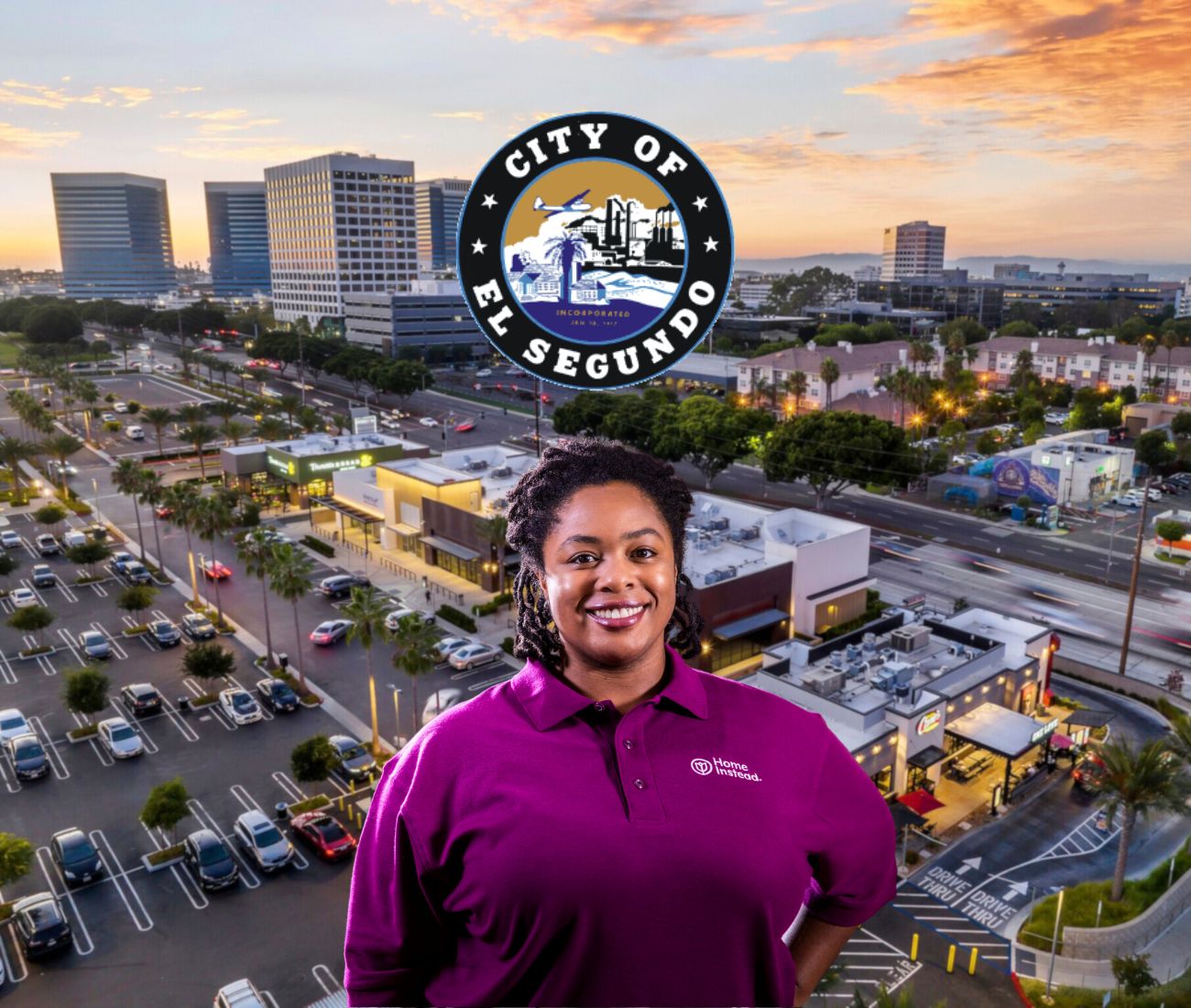 Home Instead caregiver with El Segundo California in the background