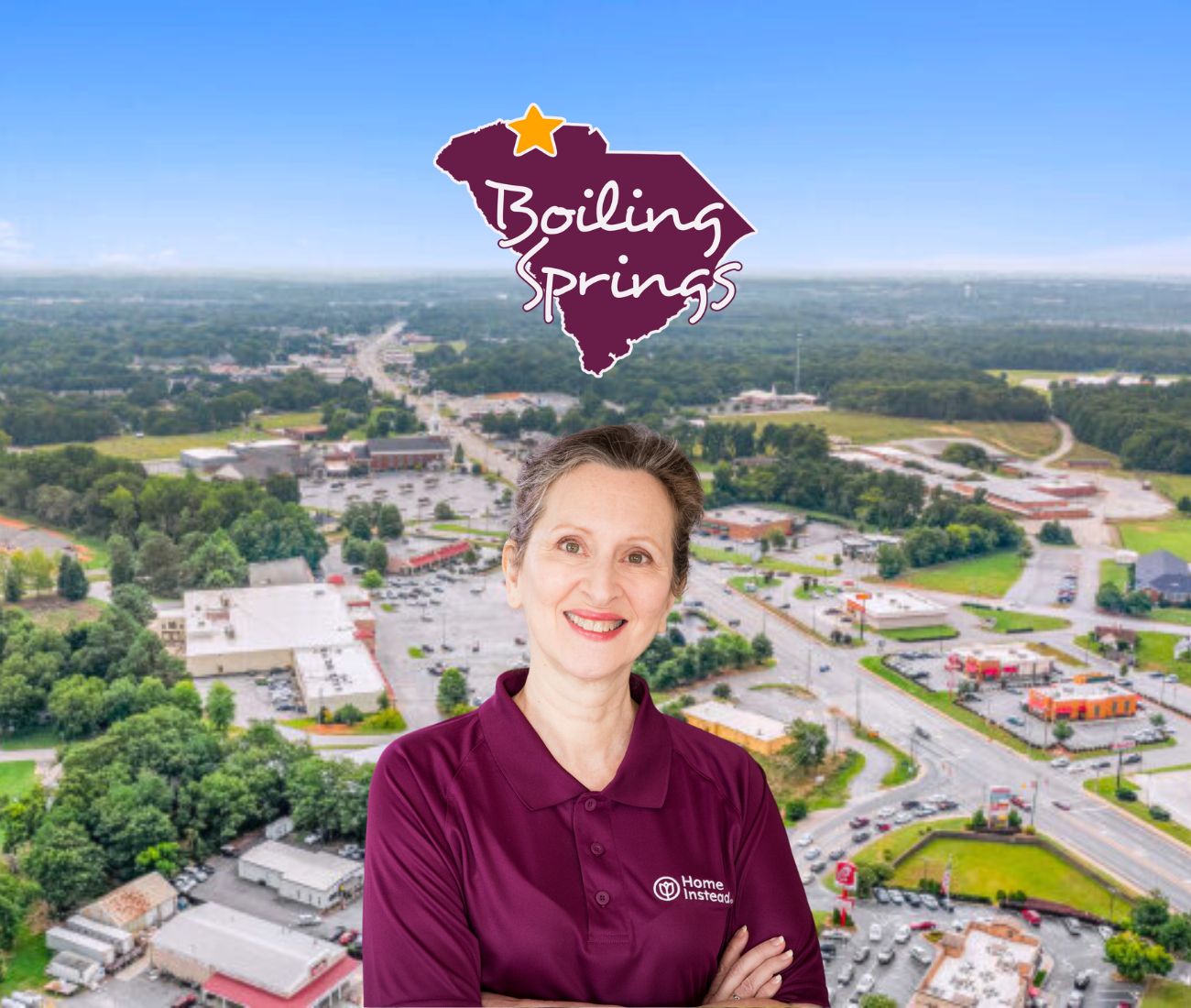 Home Instead caregiver with Boiling Springs, SC in the background